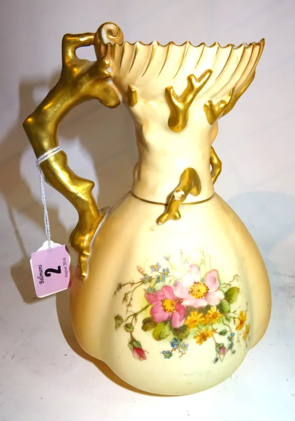 A Royal Worcester jug, floral painted on a parcel gilt ivory ground, 19cm high.   CAB