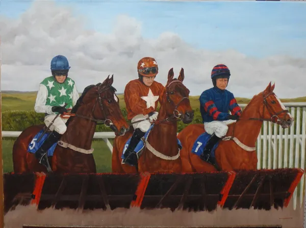 Wendy Goodwright (1945-2011), Horses and jockeys at the start, oil on canvas, signed and dated 2010, unframed, 60cm x 80cm.  D1