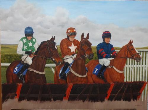 Wendy Goodwright (1945-2011), Horses and jockeys at the start, oil on canvas, signed and dated 2010, unframed, 60cm x 80cm.  D1