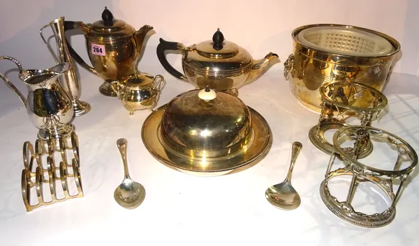 Silver plated wares, including; a tea set, entree dishes, rose bowl, toast rack and sundry, (qty). S2T