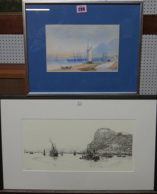 W. A. Earp (19th century), Coastal scene with shipping, watercolour, signed, 15cm x 23cm.; together with a print after William Lionel Wyllie.(2)  F1