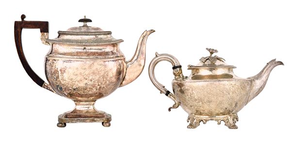 A late William IV silver teapot, of compressed circular form, the hinged lid with an associated flower finial, raised on four cast scrolling feet, Lon