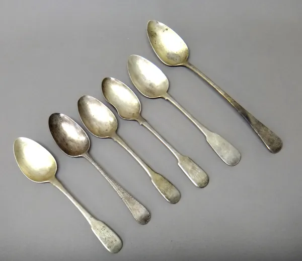 Silver table flatware, comprising; a George III Old English pattern basting spoon, London 1807, a pair of fiddle pattern tablespoons, London 1807, two