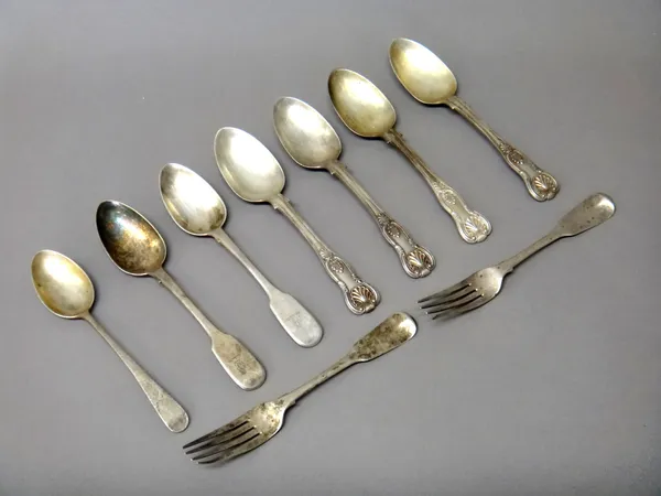 Silver table flatware, comprising; four Victorian King's pattern dessert spoons, Exeter 1846, three various dessert spoons and two dessert forks, comb