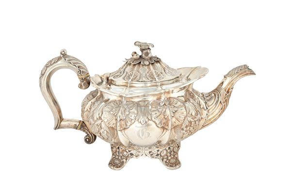 A 19th century closely matched three piece silver tea set, comprising; a teapot, London 1832, maker Joseph & John Angell I, a twin handled sugar bowl