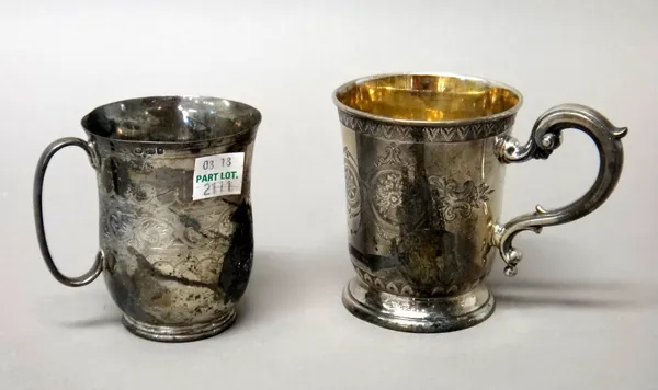 Silver, comprising; a Victorian christening mug, with a scrolling handle, having engraved decoration, presentation inscribed, Sheffield 1867 and anoth