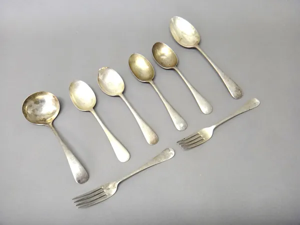 Silver Old English table flatware, comprising; four dessert spoons, two dessert forks, a tablespoon and a sauce ladle, by Walker & Hall, Sheffield 190