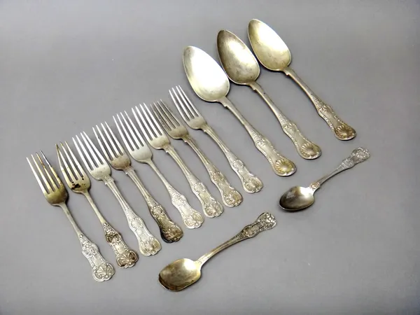 Scottish silver table flatware, comprising; three tablespoons, eight dessert forks and two teaspoons, various makers and dates, combined weight 685 gm