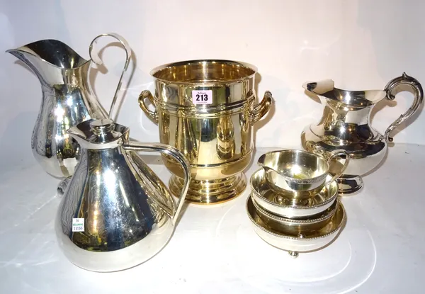 Silver plated wares, including; an urn shaped twin handled bottle cooler and three jugs, (qty).  S4M