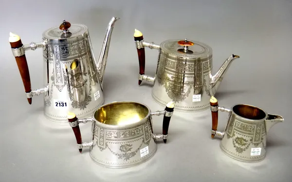 A Victorian plated four piece tea and coffee set, comprising; a teapot, a coffee pot, a twin handled sugar bowl and a milk jug, each piece of tapered