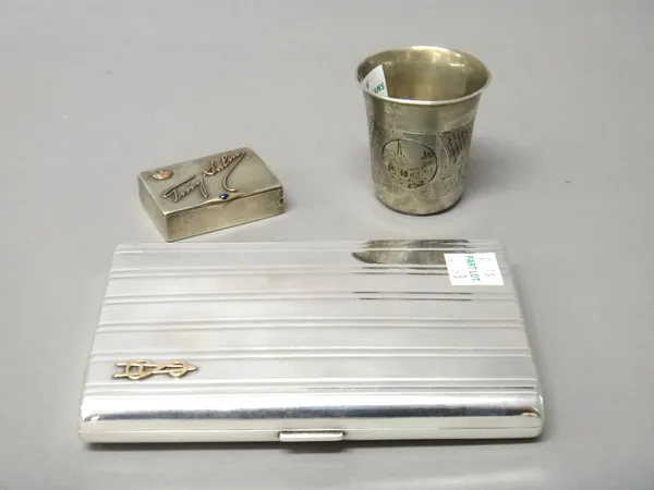 A Swedish rectangular cigarette case, the exterior with banded decoration, applied with a gilt monogram, detailed 830 S, a rectangular hinge lidded ve