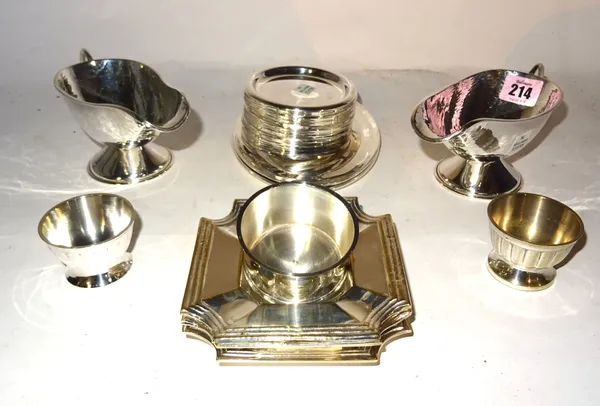 Silver plated wares, including; a pair of sauceboats, ashtrays, small oval trays and sundry, (qty).   CAB