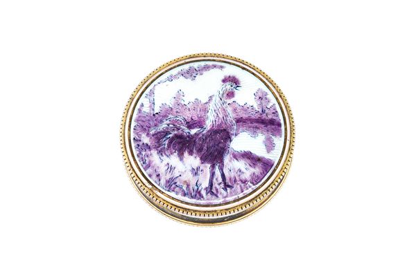 A silver gilt and lilac coloured enamel circular box, the detachable lid decorated with a cockerel in a landscape within a beaded border, import mark