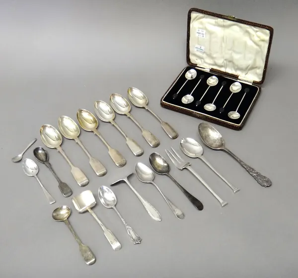 Silver flatware, comprising; a set of six Victorian fiddle pattern teaspoons, London 1881, a set of six coffee spoons, with black coffee bean finials