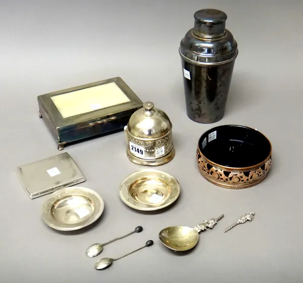 Silver and silver mounted wares, comprising; a string container, embossed with linenfold swags and having a weighted base,  Birmingham 1910, two circu