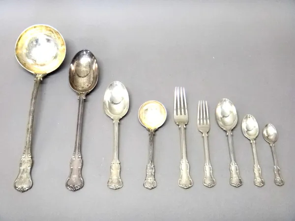 A silver Princes pattern part table service, comprising; eighteen tablespoons, London 1904, a pair of sauce ladles, London 1904, a soup ladle, London