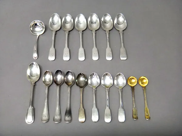 Silver and foreign table flatware, comprising; a set of six fiddle pattern teaspoons, London 1829, four foreign egg spoons, detailed 1822, a pair of S