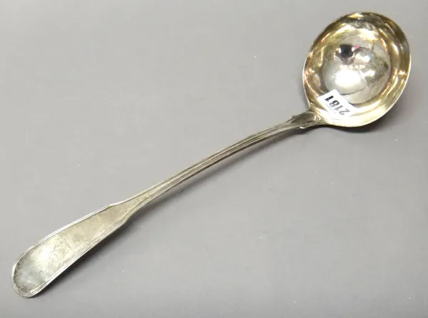 A Scottish silver double struck, fiddle and thread pattern soup ladle, crest engraved, probably Edinburgh possibly 1804, weight 232 gms.