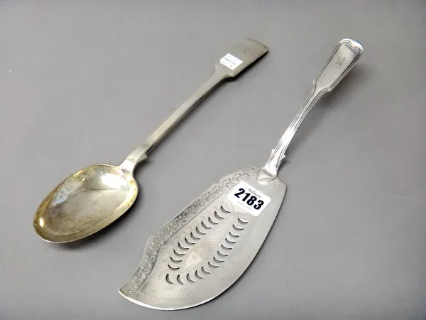 Silver, comprising; a Scottish double struck, fiddle and thread pattern fish slice, engraved and pierced with a fish, probably Edinburgh, (the date il