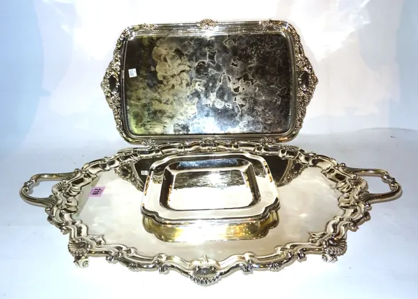Silver plated wares, including; a group of four trays, one oval twin handled, 46cm wide, (4).  S4M