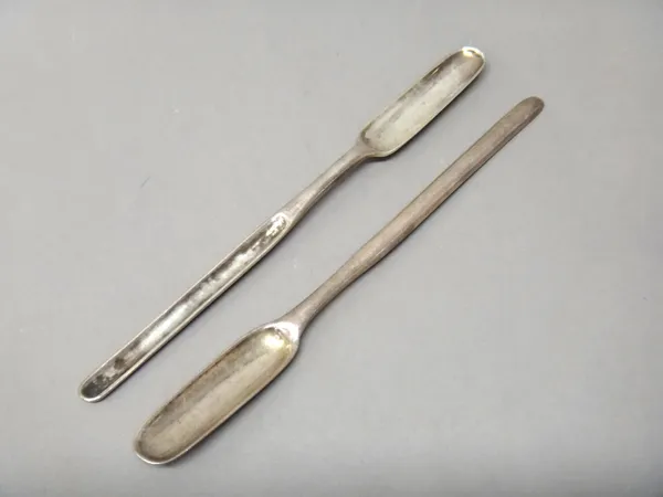 A silver marrow scoop, London probably 1738 and another silver marrow scoop, the marks indistinct, combined weight 108 gms, (2).