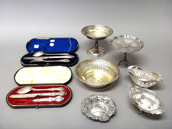 Silver and silver mounted wares, comprising; a bonbon stand, formed as a miniature tripod table, having a pie-crust rim, London 1909, a pedestal bonbo