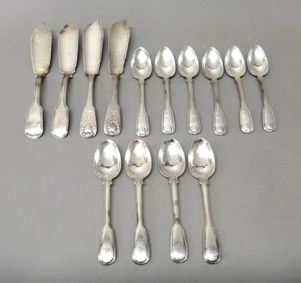 Silver table flatware, comprising; a pair of George IV double struck fiddle and thread pattern butter knives, probably London 1820, two fiddle and she