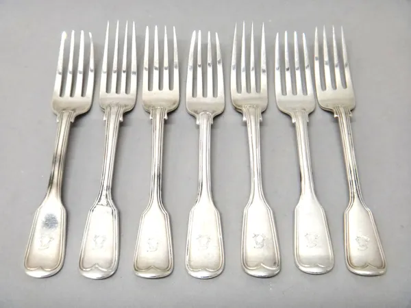 Seven double struck fiddle and thread pattern dessert forks, comprising London; three 1843, two 1851 and two 1856, combined weight 400 gms, (7).