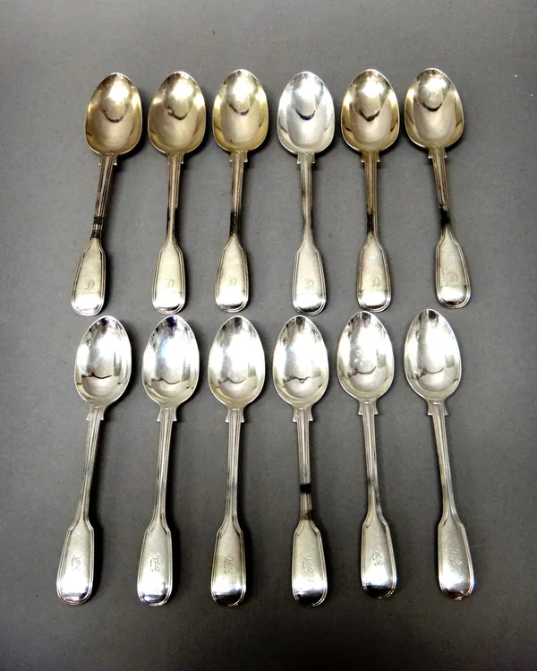 Silver table flatware, comprising; five Victorian double struck, fiddle and thread pattern teaspoons, London 1882, another similar teaspoon, London 18