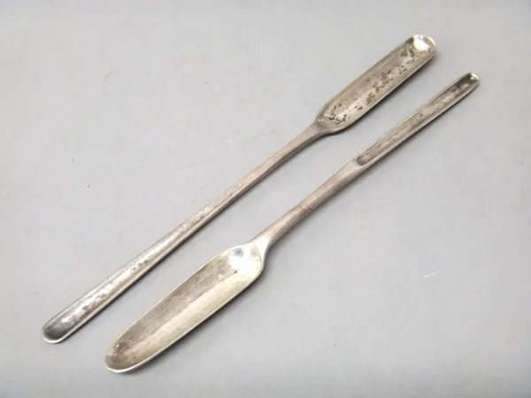 A Scottish silver marrow scoop, circa 1800 and another silver marrow scoop, London probably 1763, combined weight 82 gms, (2).