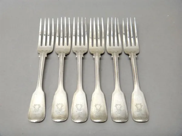 Six Victorian double struck, fiddle and thread pattern table forks, comprising; all London, two 1856, one 1857, one 1851 and two 1876, combined weight