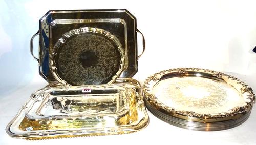 Silver plated ware, including; seven various plated trays, one in the Art Deco style and twelve circular plates, (qty).  S4T