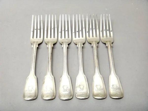 Six Victorian double struck, fiddle and thread pattern table forks, comprising; London, three 1840 and three 1848, combined weight 550 gms, (6).