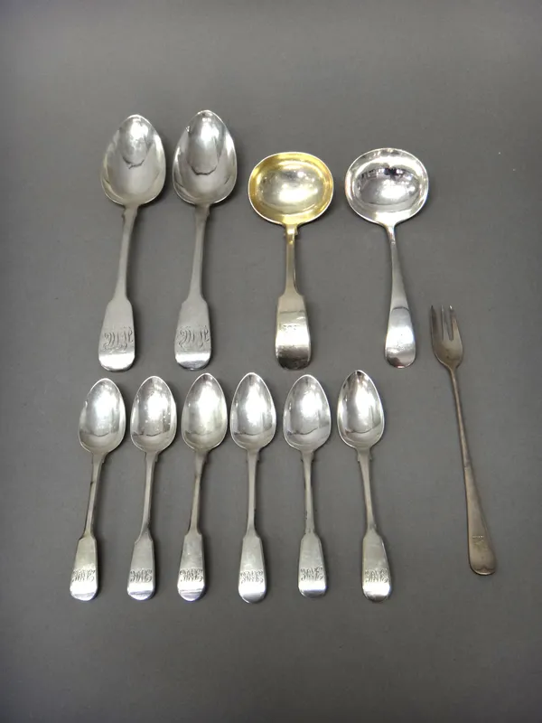 Silver flatware, comprising; a pair of fiddle pattern tablespoons, London 1822, a set of six fiddle pattern teaspoons, probably London 1833, two sauce