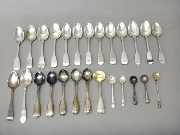 Silver flatware, comprising; five Victorian fiddle pattern teaspoons, London 1846, five egg spoons, probably London 1833 and seventeen further mostly