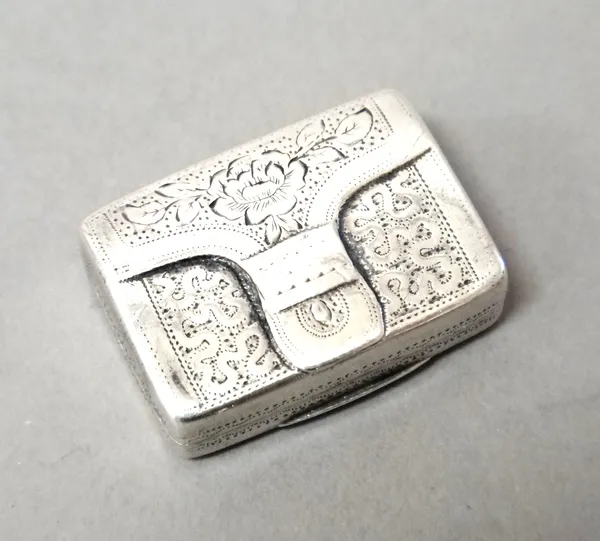 A George III silver vinaigrette, of rectangular pouch form with engraved decoration, Birmingham possibly 1817, maker John Bettridge.