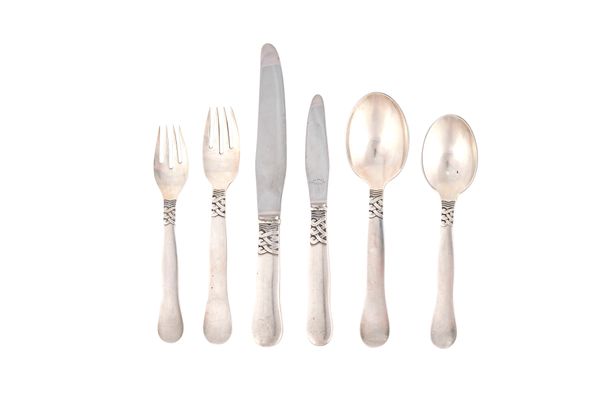 A Georg Jensen 'Nordic (Ladby) Pattern' silver part table service, designed by Oscar Gundlach-Pedersen, comprising; three table spoons, three dessert