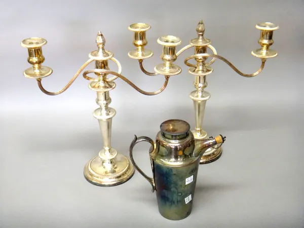 Plated wares, comprising; a pair of three light table candelabra, a twin handled wine cooler, decorated with a gadrooned rim, a Victorian twin handled