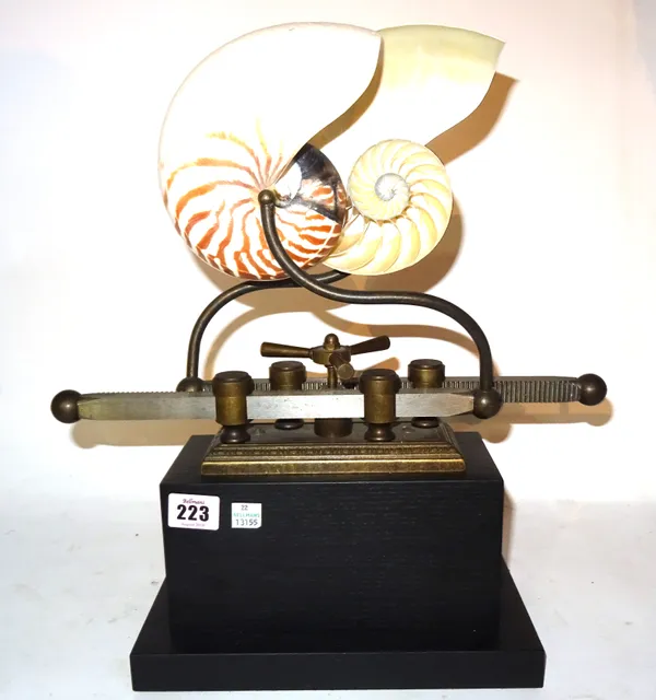 An unusual 20th century model of a nautilus shell on a mechanical base.   CAB