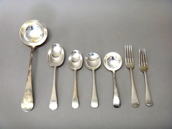 A silver Old English pattern canteen of table flatware for twelve place settings, comprising; twelve dessert spoons, twelve dessert forks, twelve tabl