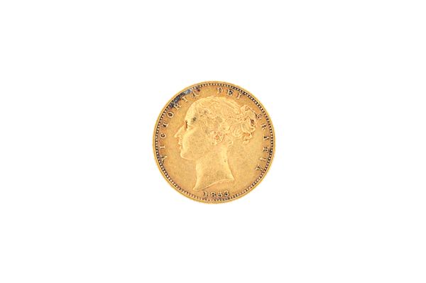 A Victoria young head sovereign, 1853 with a shield back reverse. Illustrated