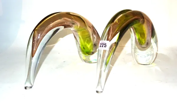 A pair of 20th century Murano style glass vases of curved cornucopia form, 24cm high (2).  CAB