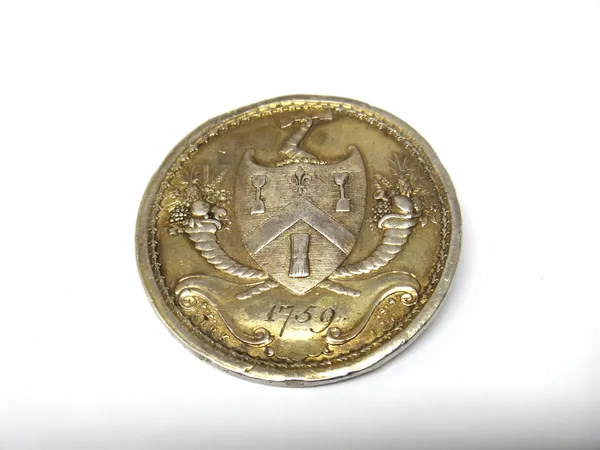 A silver circular medallion, possibly being an admission pass, one side with the shield of The City of London and motto Domine Dirige Nos and engraved