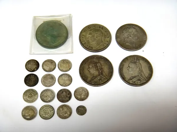 Mostly British coins, comprising; a George III crown 1820, four further crowns, 1887, 1889, 1937 and 1981, eleven various silver threepences and a Geo