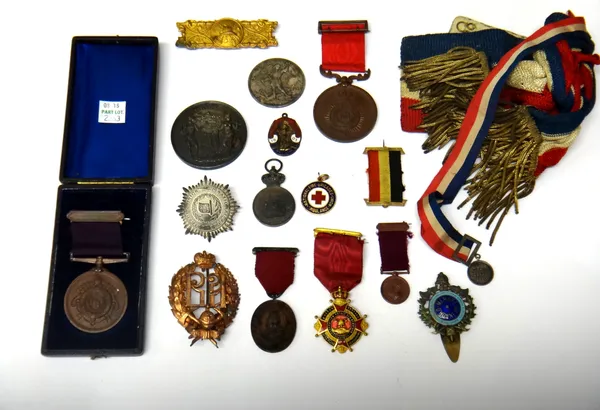 A group of fire brigade related medals, medallions and badges, comprising; National Fire Brigade's Union bronze medal, For Services, a National Fire B