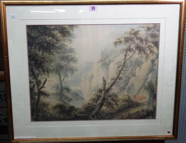 Circle of Nicholas Pocock, Cattle in a wooded river gorge, watercolour, 43cm x 58cm.  L1