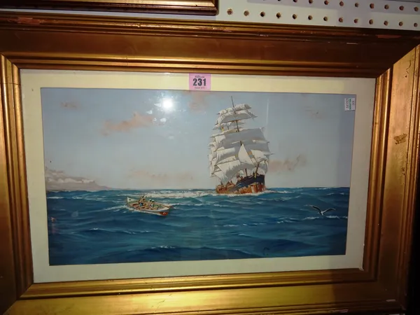 English School (20th century), A clipper in full sail, gouache, probably over a printed base, 25cm x 45cm.  D1