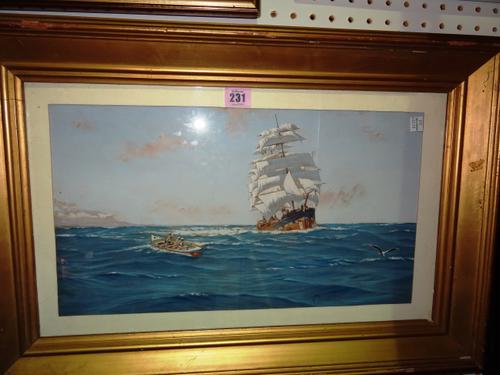 English School (20th century), A clipper in full sail, gouache, probably over a printed base, 25cm x 45cm.  D1