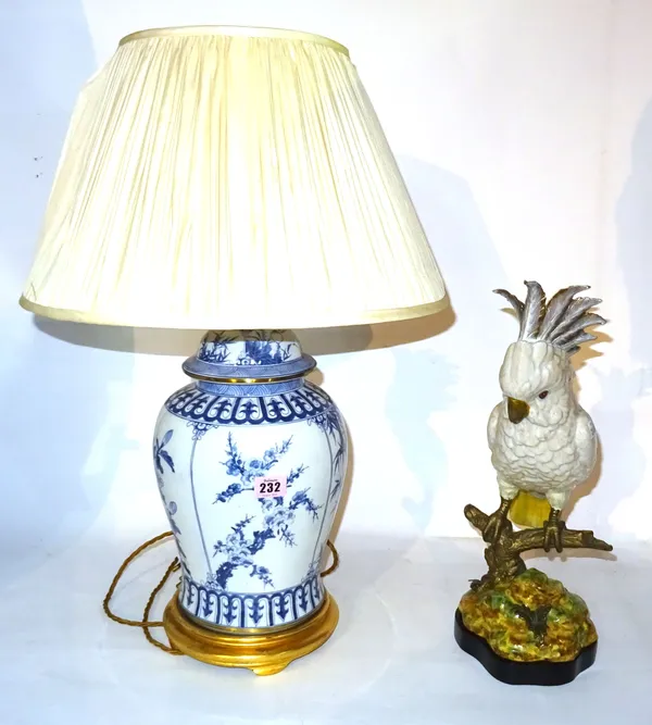 A 20th century Chinese blue and white vase converted to a lamp 40cm wide and a ceramic cockatoo with metal mounted plumage, 40cm high (2).  H6