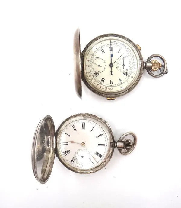 A gentleman's silver cased keyless wind hunting cased pocket chronograph, with an un-signed gilt movement, silver inner case, the enamelled dial with